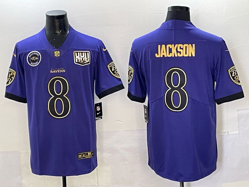 Men Baltimore Ravens #8 Jackson Purple gold Nike Limited NFL 2025 Jersey style 02